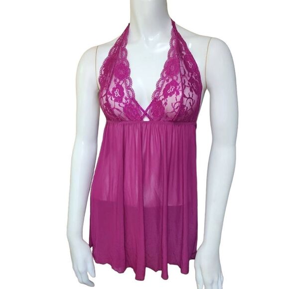Dreamgirl Magenta Mesh & Lace Halter Babydoll Chemise (M) - Picture 3 of 6
